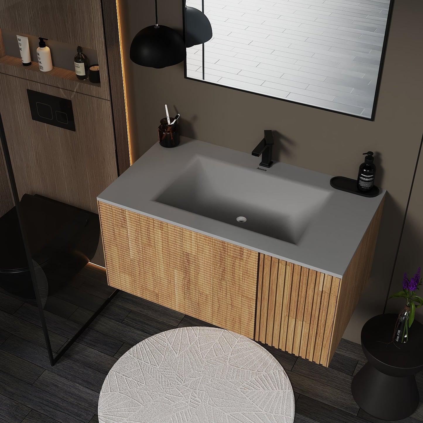 Linea Floating Vanity – Seamless Curved Stone Top, 36"