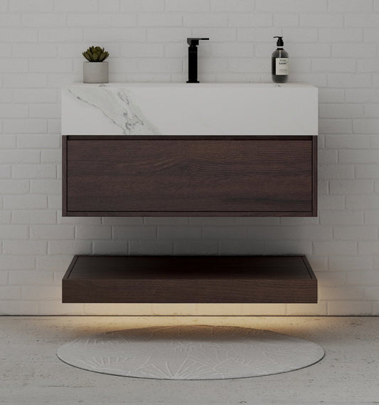 32" Walnut Sintered Stone Top with Hotel-Style Floating Bathroom Vanity