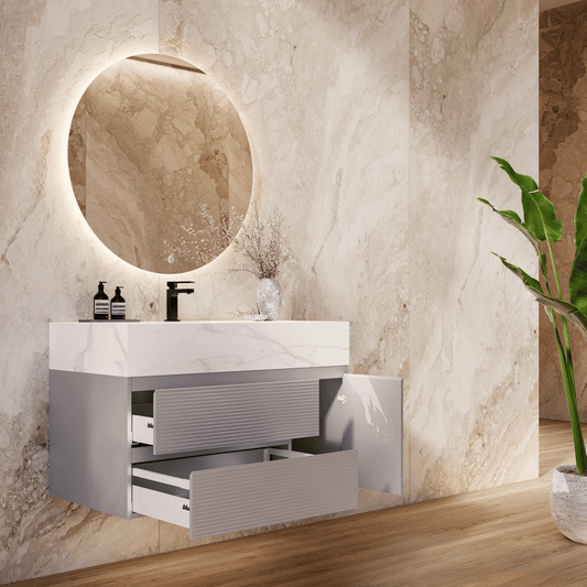 32", 40", 48" Light Grey Fluted Floating Vanity with Seamless Stone Sink