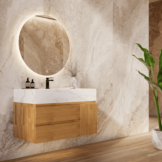 32", 40" Oak Fluted Floating Vanity with Seamless Stone Sink