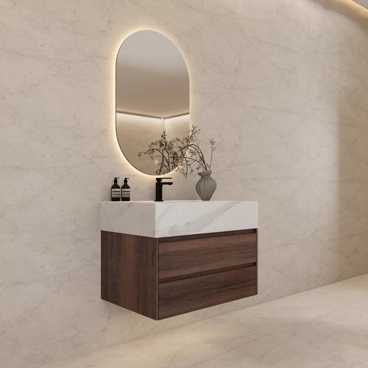 32" Walnut Double Drawers Floating Bathroom Vanity with Sintered Stone Top