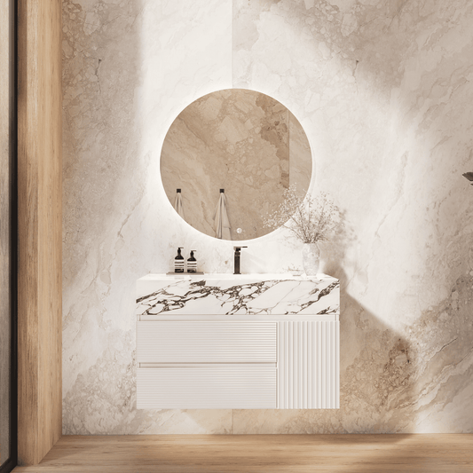 32" / 48"White Fluted Floating Vanity with Seamless Stone Sink