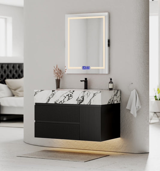 32"–48" Black Fluted Floating Vanity with Seamless Stone Sink