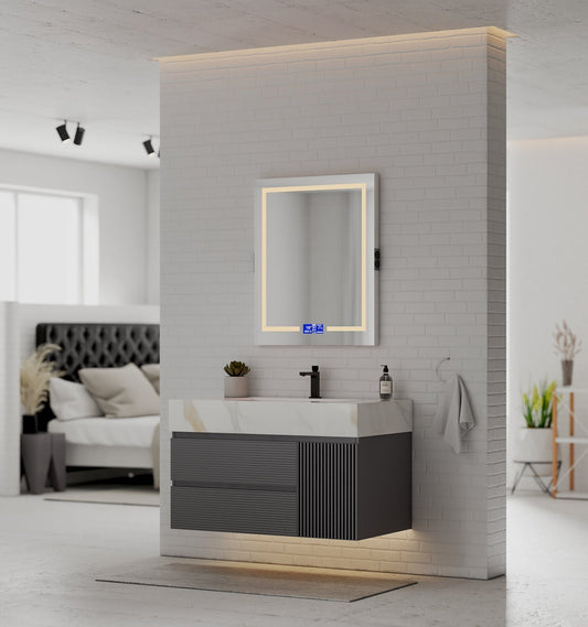 40"/ 48" Dark Grey Fluted Floating Vanity with Seamless Stone Sink