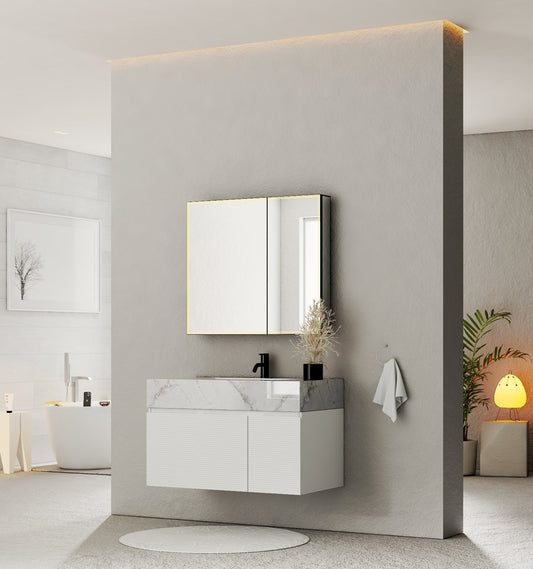 40" Seamless Stone Top with White Fluted Engineered Wood Floating Bathroom Vanity