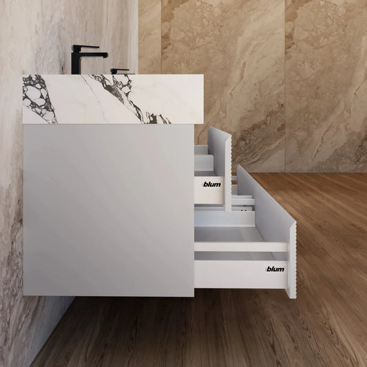 60" /71" Light Grey Floating Vanity with Seamless Stone Double Sink