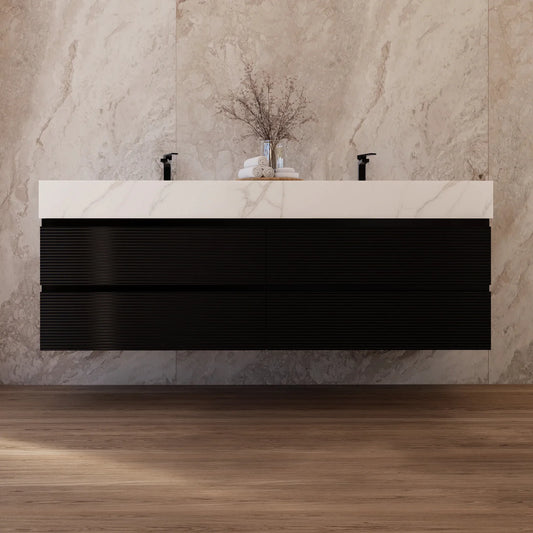 60" Black Fluted Floating Vanity with Seamless Stone Double Sink