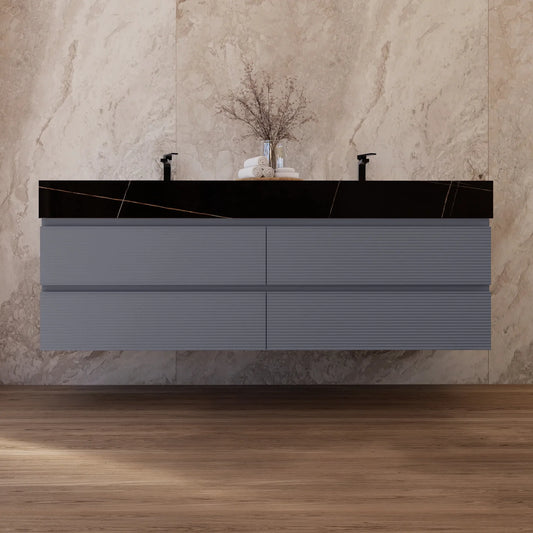 60"/71" Dark Grey Fluted Floating Vanity with Seamless Stone Double Sink