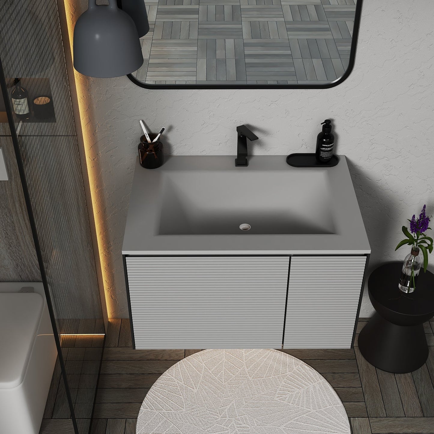 Light Grey Fluted Floating Vanity with Seamless Stone Sink – 32",40"