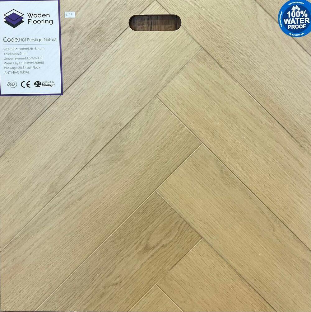H01 Prestige Natural - Woden Flooring 7mm SPC Vinyl Herringbone Collection