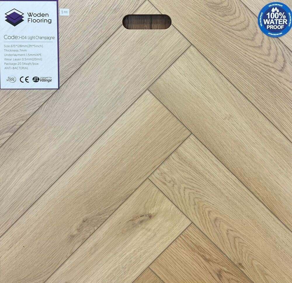 H04 Light Champagne - Woden Flooring SPC Vinyl 7mm Herringbone Collection