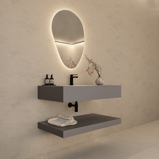 Matte Grey Floating Vanity – Marble-Look Stone, 30"/32"/40"/48"/60”-A3