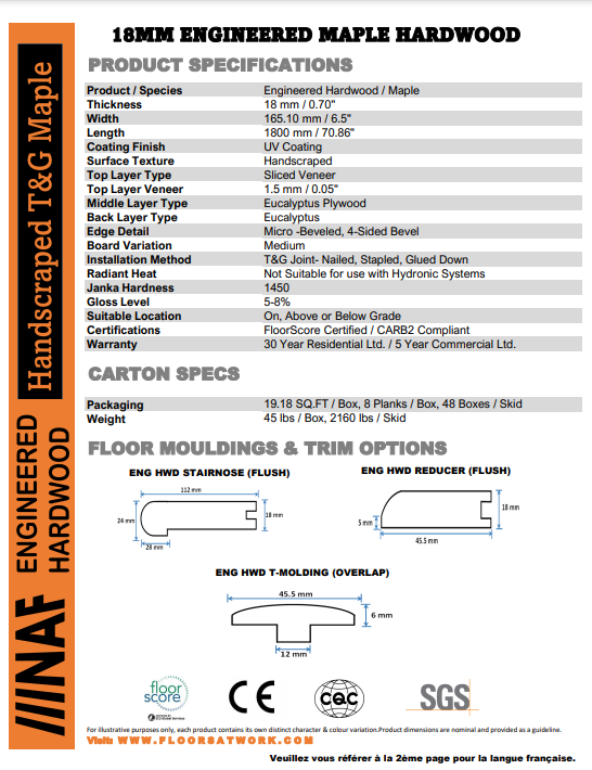 Natural - NAF 6.5''x 18mm MAPLE Engineered Hardwood