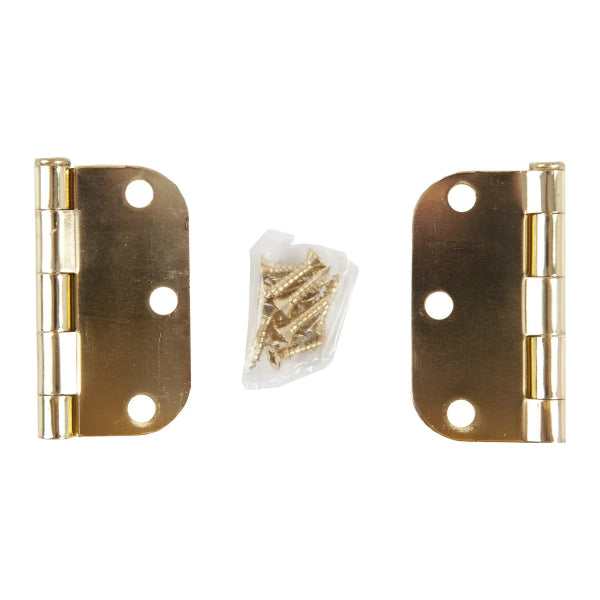 2PC Door Hinge 3in x 3in Round Corner 5/8in Brass Plated Steel (100906)