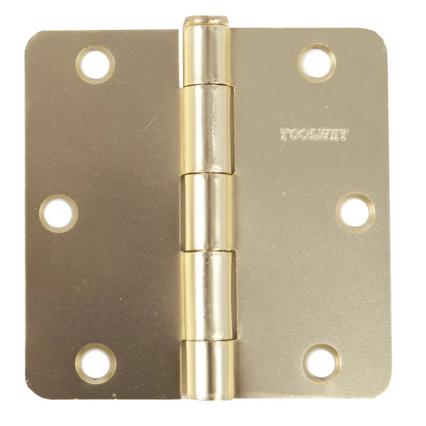 2PC Door Hinge 3 1/2in x 3 1/2in Round Corner 1/4in Brass Plated Steel (100924)