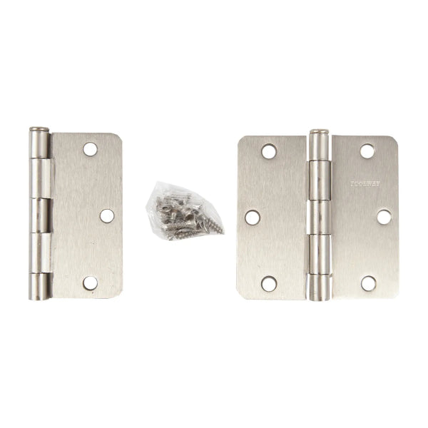 2PC Door Hinge 3 1/2in x 3 1/2in Round Corner 1/4in Satin Nickel Steel (100925)