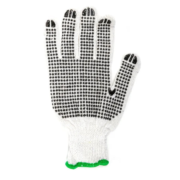 1dz. Knitted Poly/Cotton Gloves White With Black PVC Dots (L) (105530)
