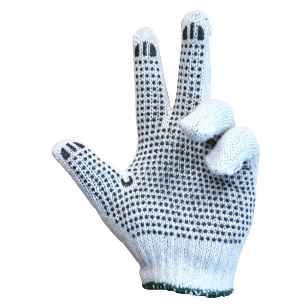 1dz. Knitted Poly/Cotton Gloves Unbleached With Black PVC Dots (L) (105551)