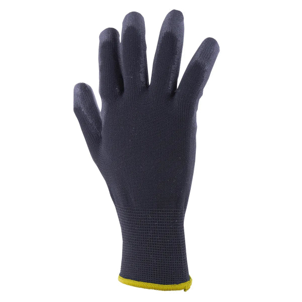 1dz. Knitted Polyester Gloves Black With Black PU Palm (M) (105552)