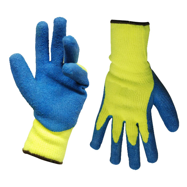 1dz. Knitted Acrylic Gloves Neon Green With Latex Palm Blue (OSFA) (105560)