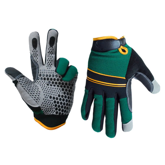 1 Pair Super Gripper; non slip Contractor Gloves Green/Black With Synthetic Leather Palm Gray(L) (105590)