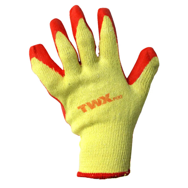 1dz. Knitted Cotton Gloves Yellow Latex Dipped Palm Orange (OSFA) (105610)