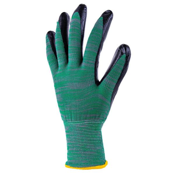 1dz. Knitted Polyester Gloves Green With Black Nitrile Palm (M) (105613)