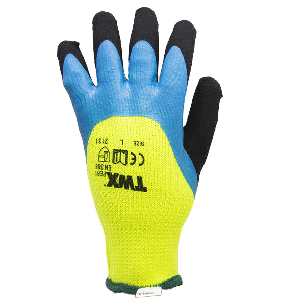 1dz. Knitted Poly Terry Lined Gloves Neon Green W / Latex Palm Blue / Sandy Black (L) (105641)