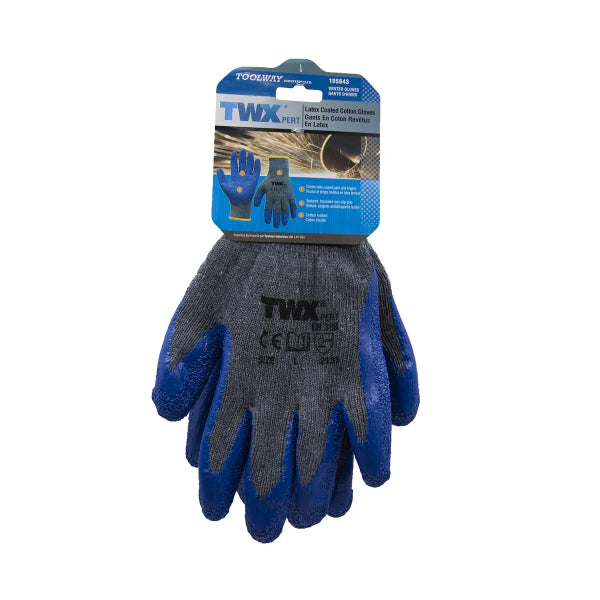 1dz. Knitted Cotton Gloves Gray With Crinkle Latex Palm Blue (L) (105643)