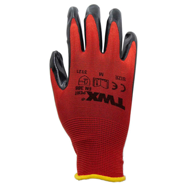 1dz. Knitted Polyester Gloves Red With Nitrile Black PU Palm (M) (105645)