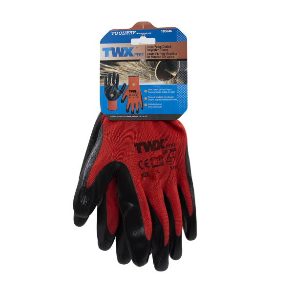 1dz. Knitted Polyester Gloves Red With Nitrile Black PU Palm (L) (105646)