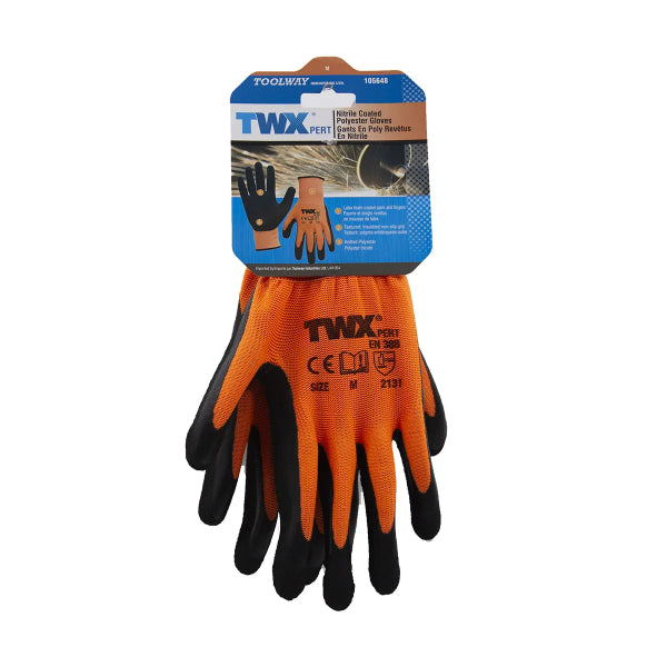 1dz. Knitted Polyester Gloves Orange With Latex Foam Black Palm (M) (105648)