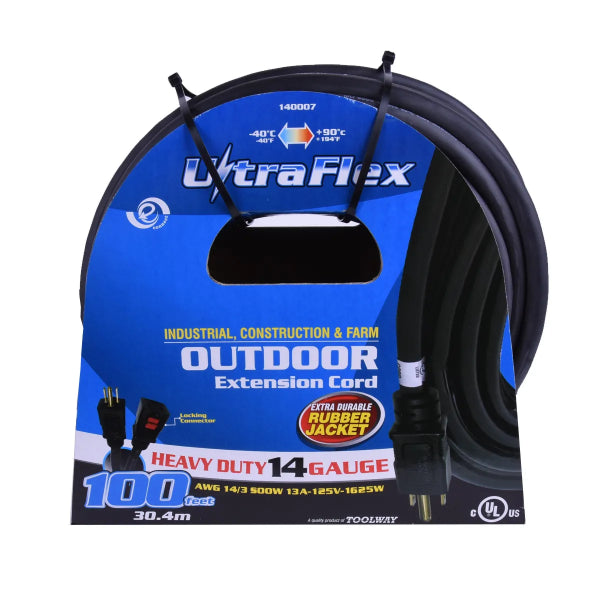 Extension Cord Outdoor SEOOW 14/3 Single Tap Black Rubber 100ft (140007)