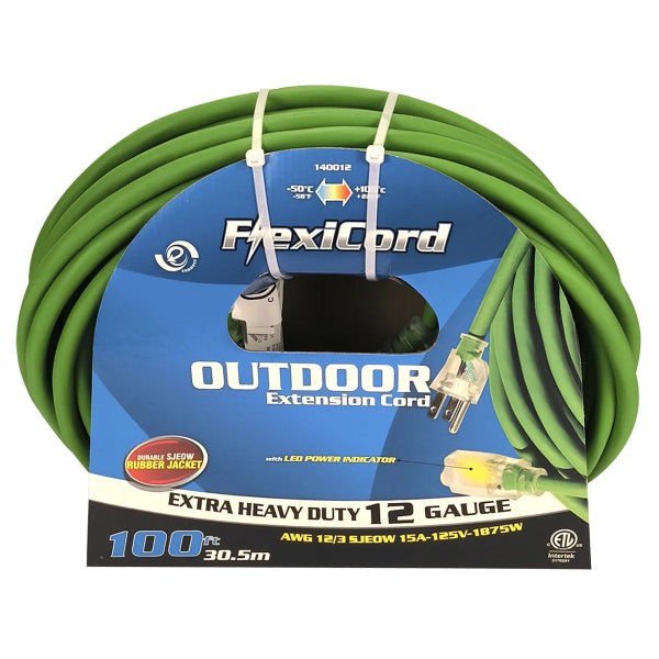 Extension Cord Outdoor SJEOW 12/3 1-Outlet Lighted 100ft Green (140012)