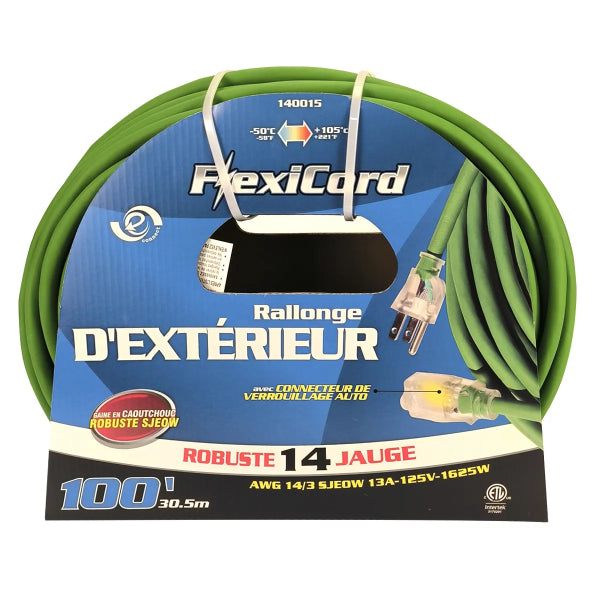 Extension Cord Outdoor SJEOW 14/3 Lighted Single Tap Green 100ft/30.48m (140015)