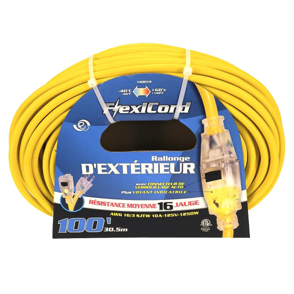 Extension Cord Outdoor SJTW 16/3 Lighted Single Tap 100ft Yellow (140019)