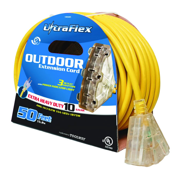 Extension Cord Outdoor/Indoor SJTW 10/3 Lighted 3-Tap Yellow 50ft (140025)
