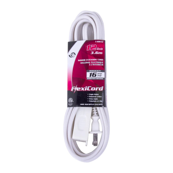 Extension Cord Indoor SPT-2 16/2 3-Tap 12ft White (140032)