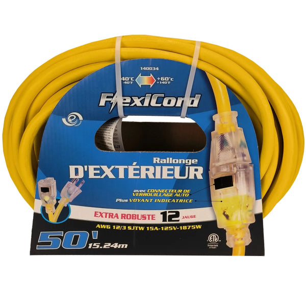 Extension Cord Outdoor SJTW 12/3 Lighted Single Tap 50ft Yellow (140034)