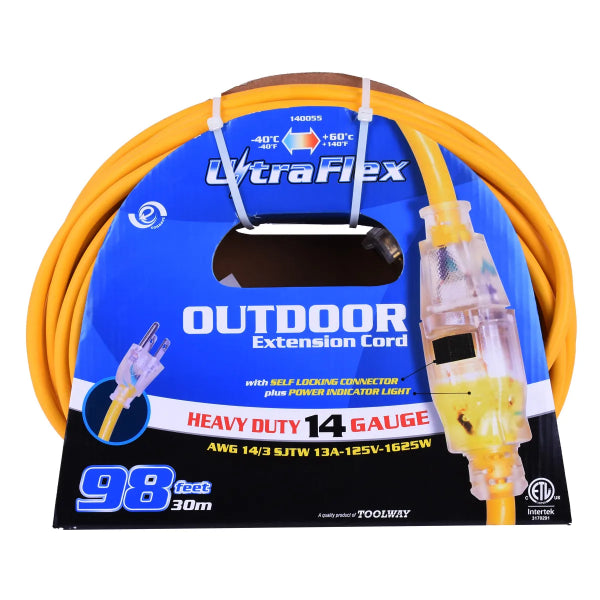 Extension Cord Outdoor SJTW 14/3 Single Tap Yellow 100ft (140055)