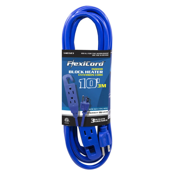 Block Heater Extension Cord Outdoor SJTW 16/3 3-Tap 10ft Blue (140323)