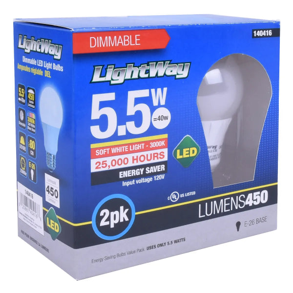 2PK Bulb A19 LED Dimmable E26 Base 5.5W Soft White (140416)