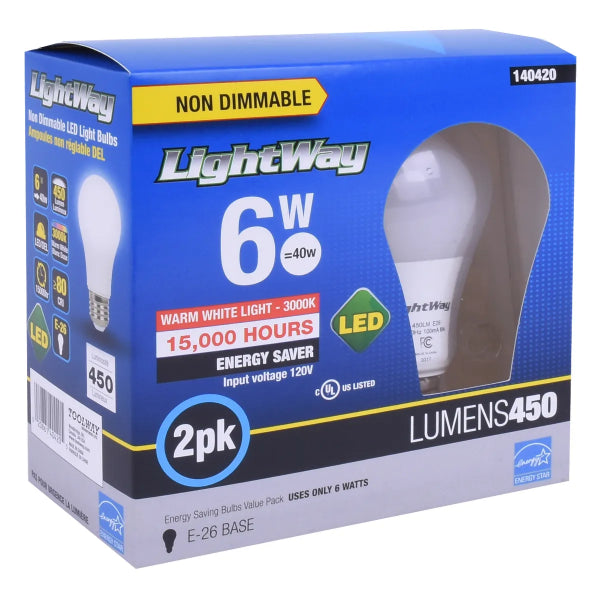 2PK Bulb A19 LED Non-Dimmable E26 Base 6W Warm White (140420)