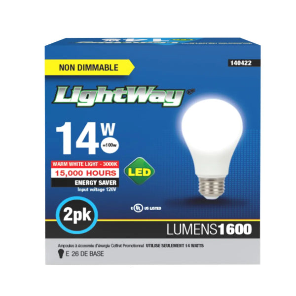 2PK Bulbs A19 LED Non-Dimmable E26 Base 14W Warm White (140422)
