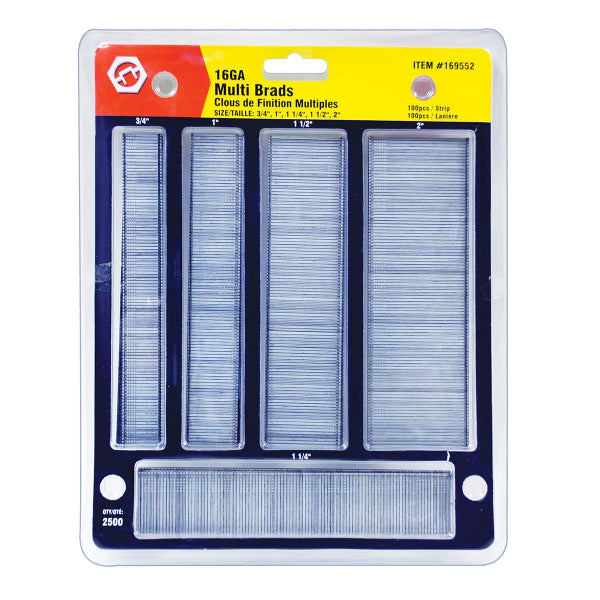 2500PK Multi Brad Nails Galvanized 16ga x (3/4, 1, 1-1/4, 11/2, 2in) (169552)