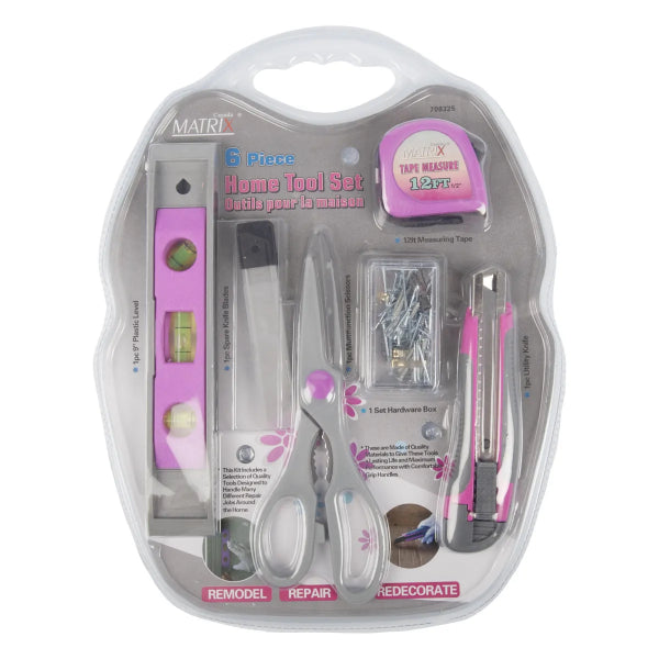 6PC Home Repair Hand Tool Pink Set (708325)