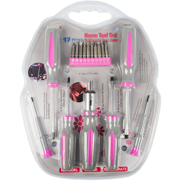 17PC Home Repair Tool Kit Pink (708326)