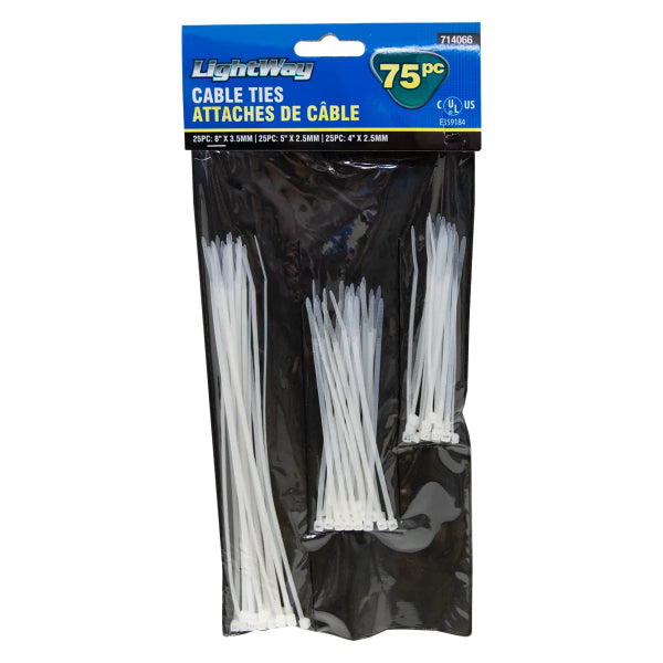 75PK Cable Ties 4in / 5in / 8in White (714066)