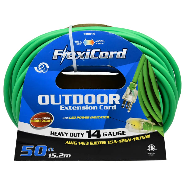 Extension Cord Outdoor SJEOW 14/3 1-Outlet Lighted 50ft Green (140014)
