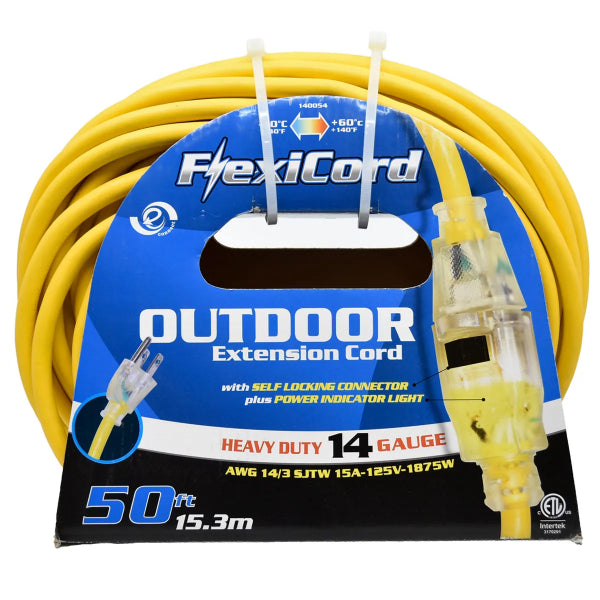 Extension Cord Outdoor SJTW 14/3 Single Tap Yellow 50ft (140054)